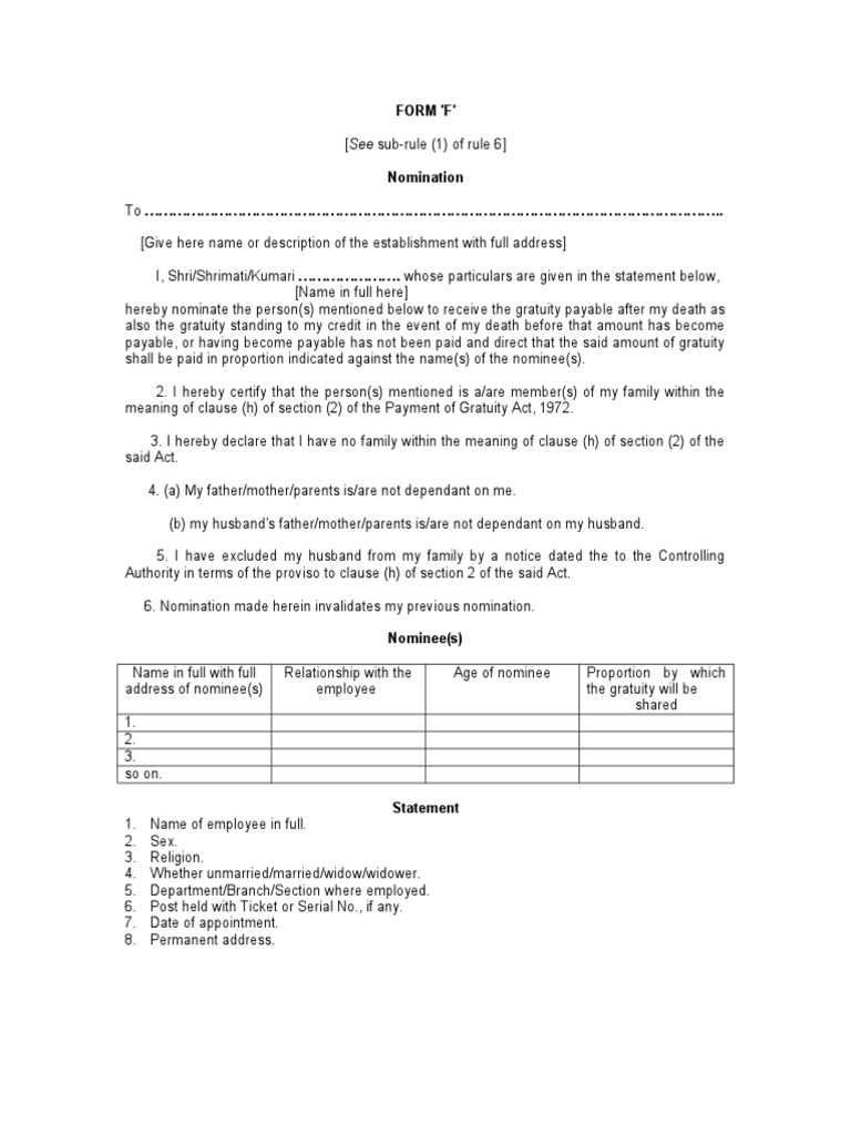 Gratuity Form F PDF Government Social Institutions