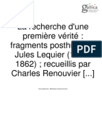 La Recherche d'Une Première Vérité Fragments Posthumes Jules Lequier (1814-1862)