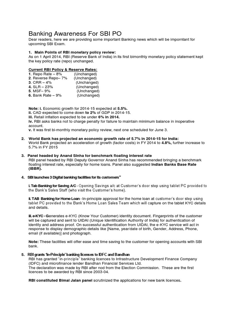 Banking Awareness For SBI PO | PDF
