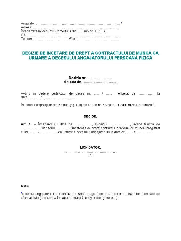 2a Decizie De Incetare Cim Deces Angajator Persoana Fizica Doc