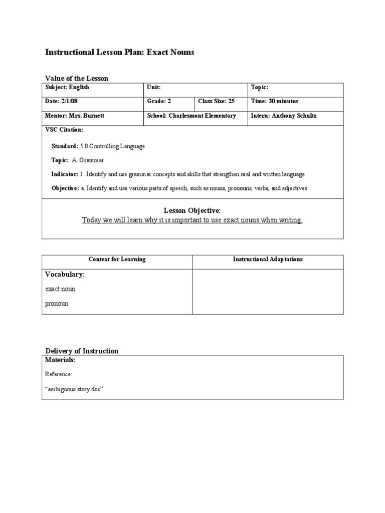 Instructional Lesson Plan: Exact Nouns: Value of The Lesson | PDF