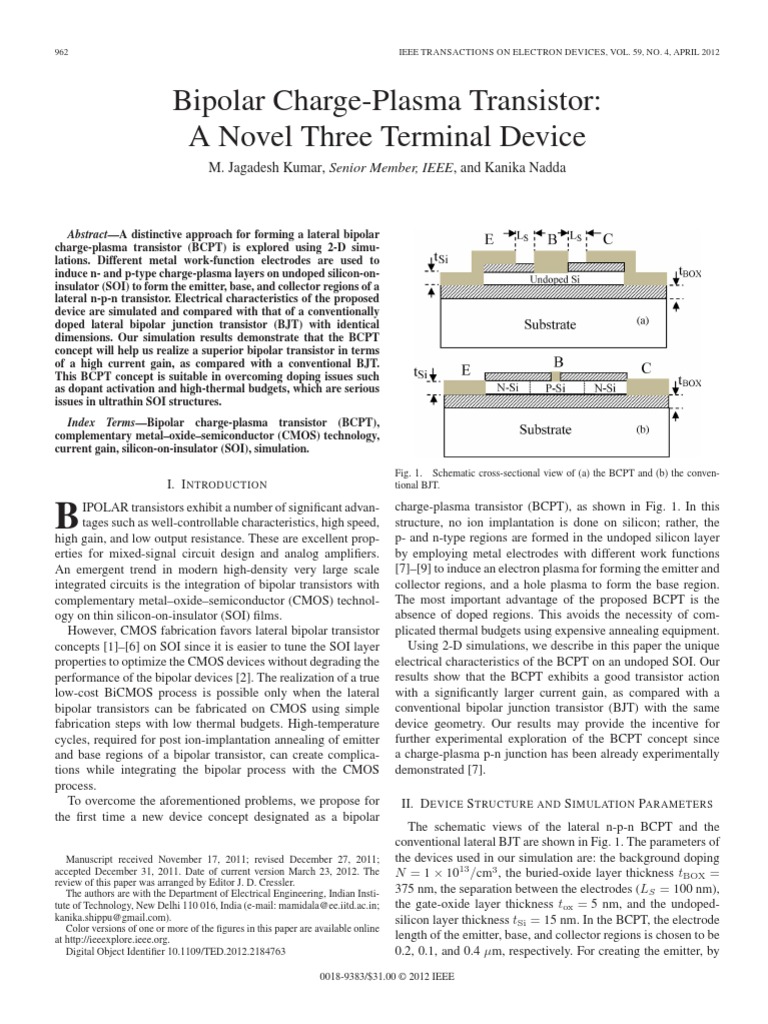 Bipolar ChargePlasma Transistor A Novel Three Terminal Device PDF Bipolar Junction