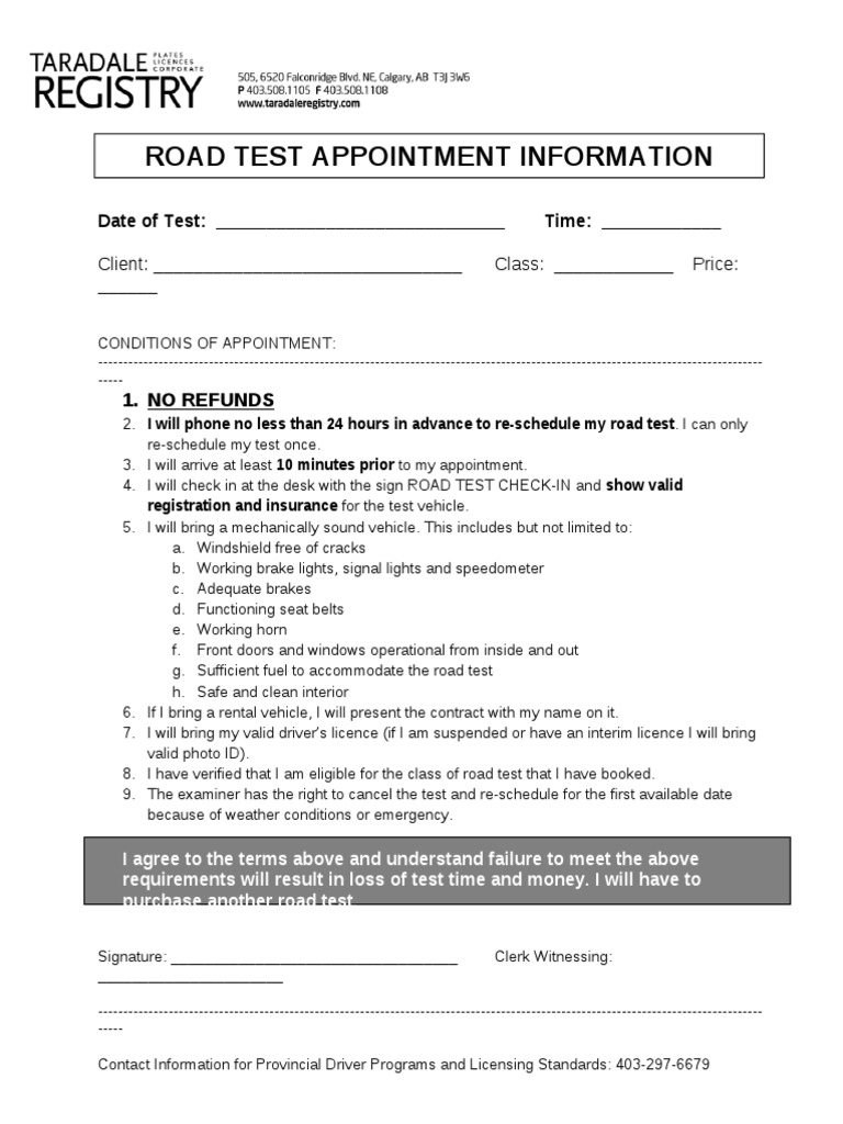 Road Test Appointment Information 1. No Refunds PDF