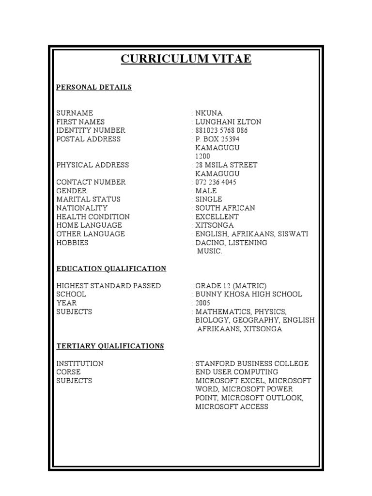 Matric CV of Lunghani Nkuna | PDF