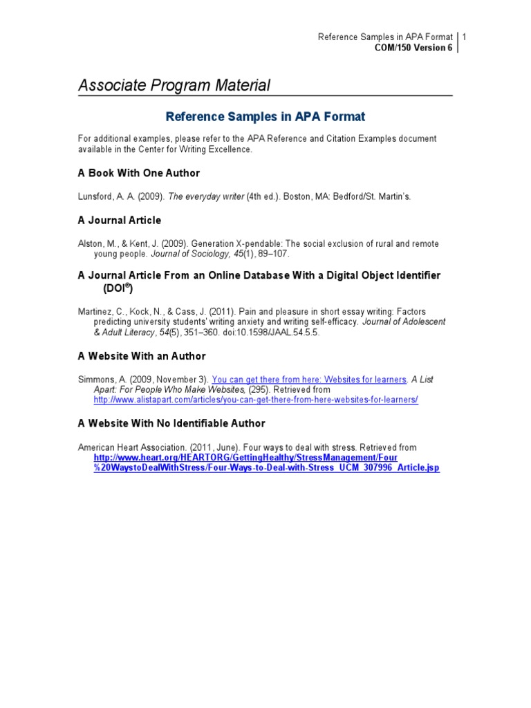 Com150 r6 Reference Samples APA | PDF