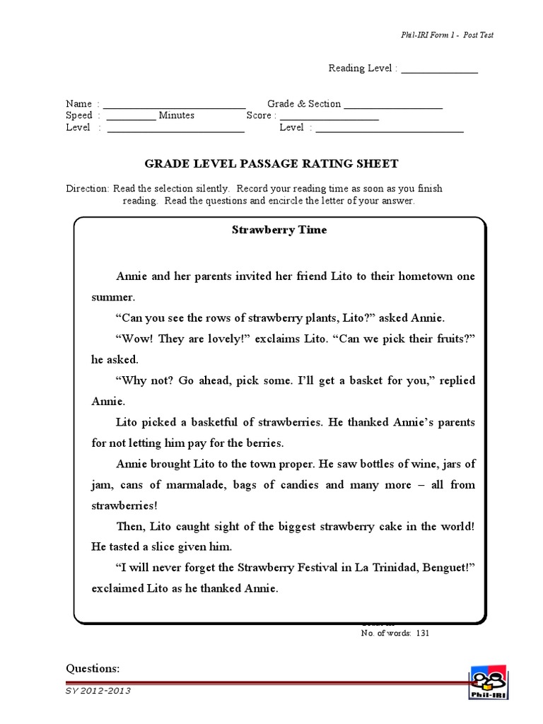 Grade Level Passage Rating Sheet: Phil-IRI Form 1 - Post Test | PDF | Foods