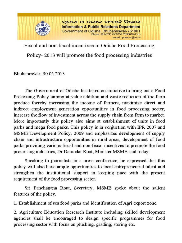 Odisha Food Processing Subsidy 2013 PDF Subsidy Foods