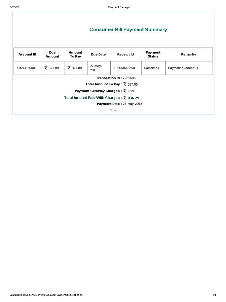 Consumer Bill Payment Summary: Total Amount Paid With Charges: 836.29 | PDF