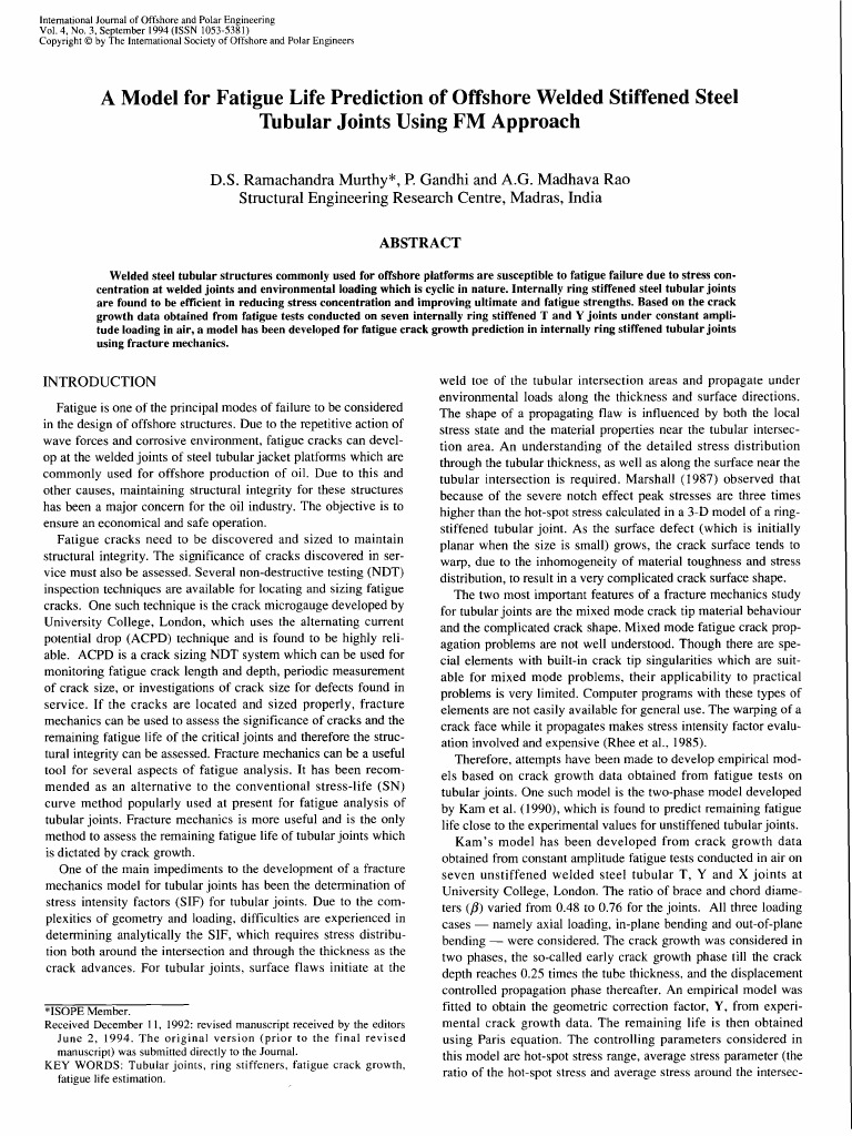 A Model For Fatigue Life Prediction of Offshore Welded Stiffened Steel ...