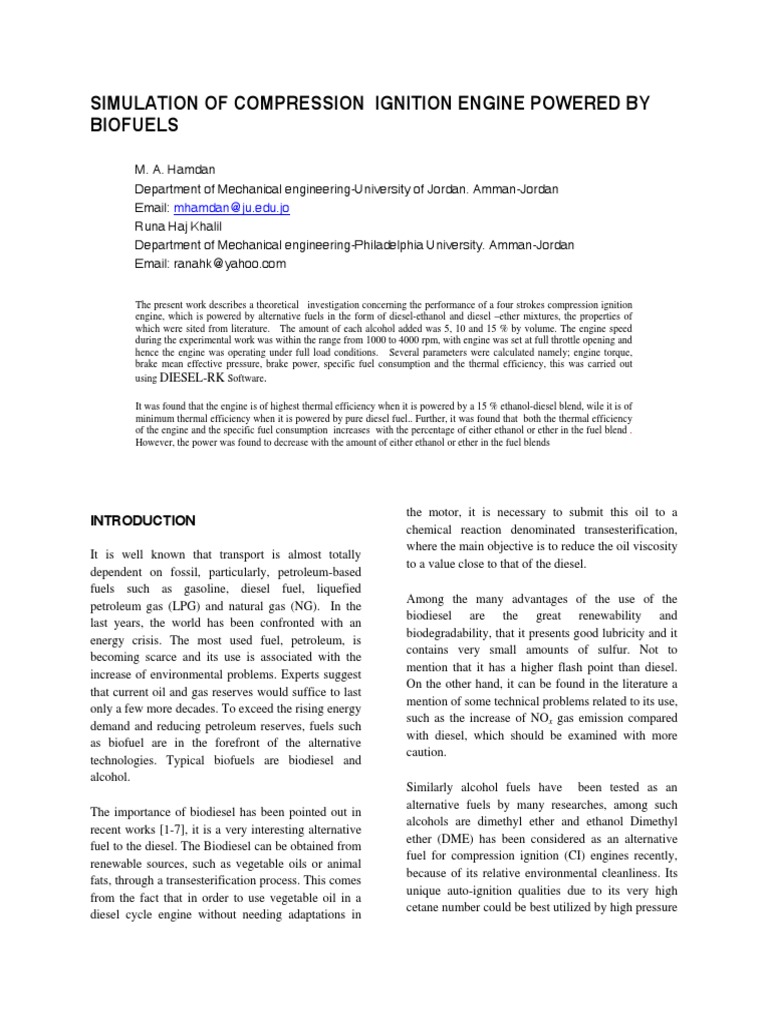 Simulation of Compression Ignition Engine Powered by Biofuels PDF