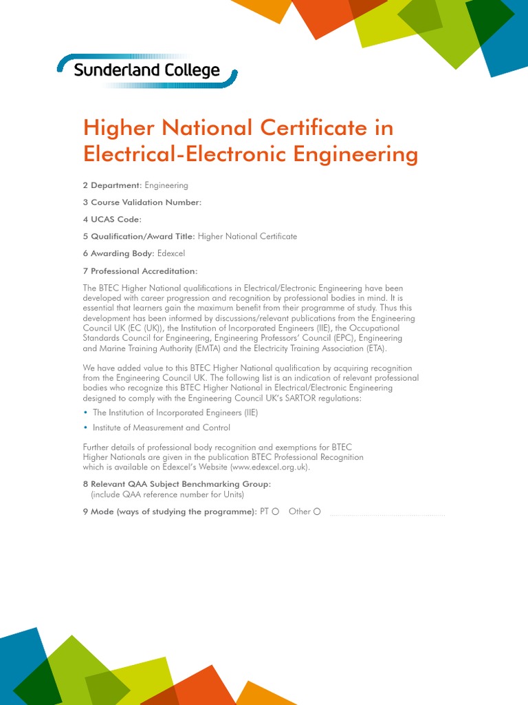 HNC Electrical Engineering Sunderland PDF Educational Assessment