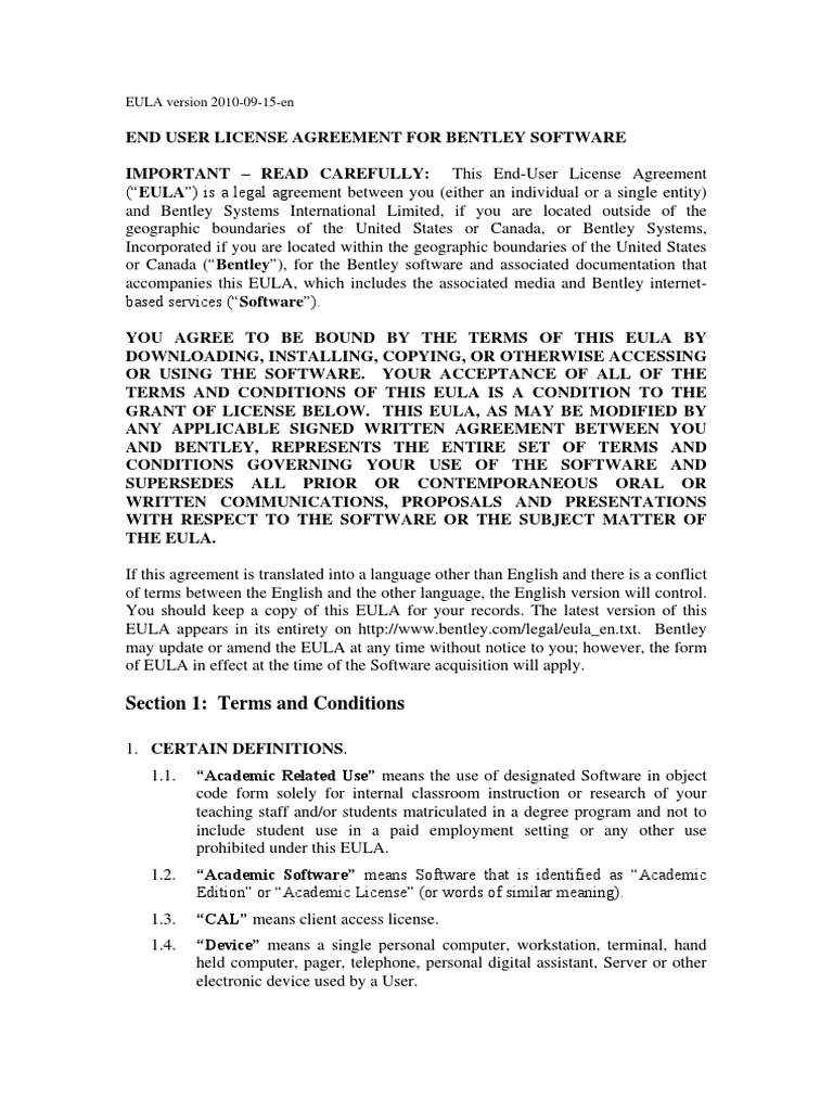 Bentley Software EULA 2010-09-15 | PDF | Technology & Engineering