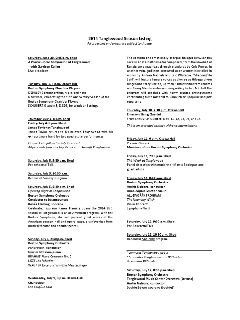 2014 Tanglewood Schedule PDF Orchestras Conducting