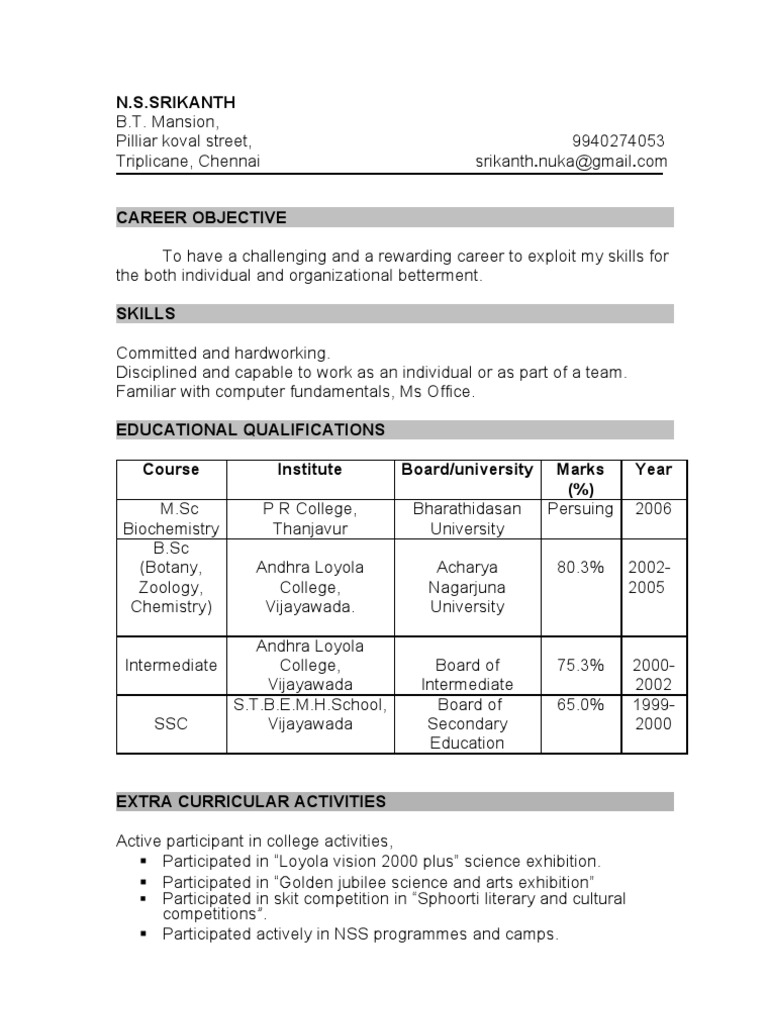M.Sc Biochemistry Fresher Resume | PDF