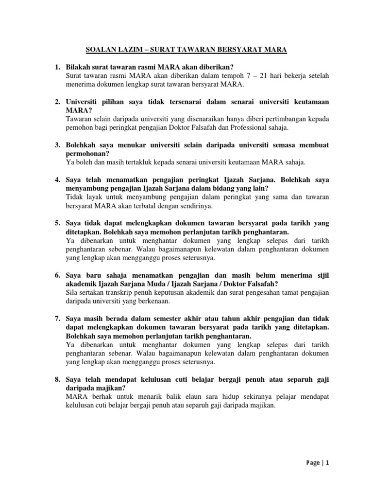 Soalan Lazim Surat Tawaran Bersyarat Mara Pdf