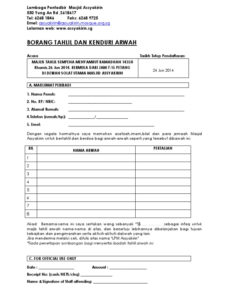 Borang Tahlil Doa Selamat 2014 Pdf