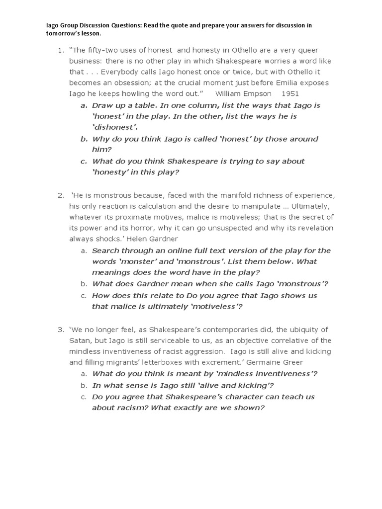 Iago Discussion Questions PDF Iago Othello