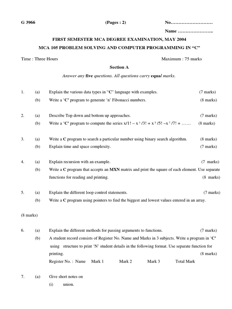MCA Exam: C Programming Questions | PDF