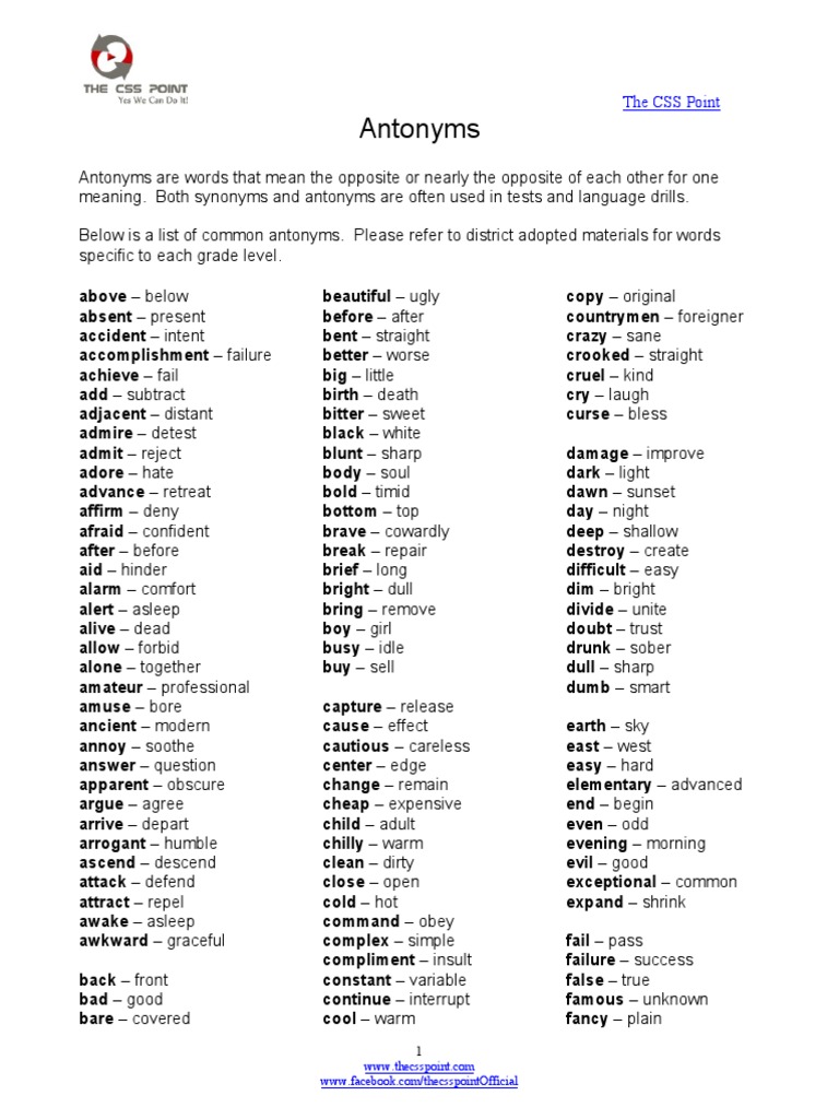 List of Antonyms