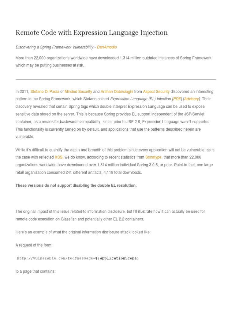 Remote Code With Expression Language Injection PDF Spring Framework