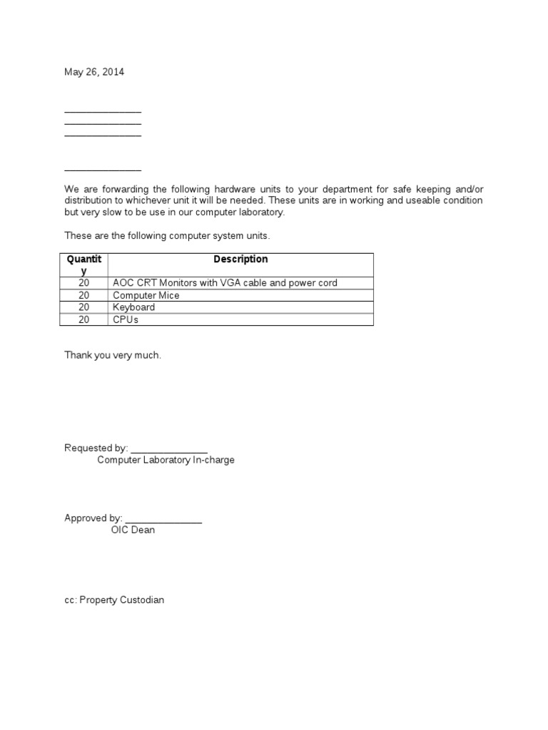 Letter of Equipment Transfer Template