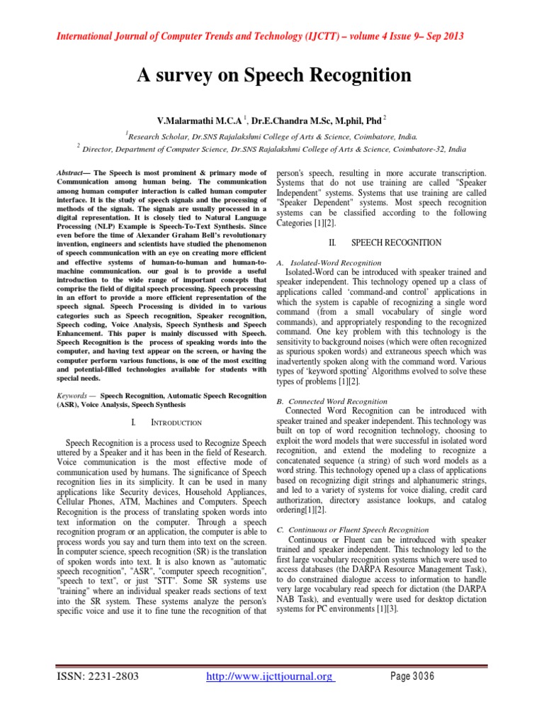 Survey on Speech Recognition Systems | PDF | Speech Recognition | Speech