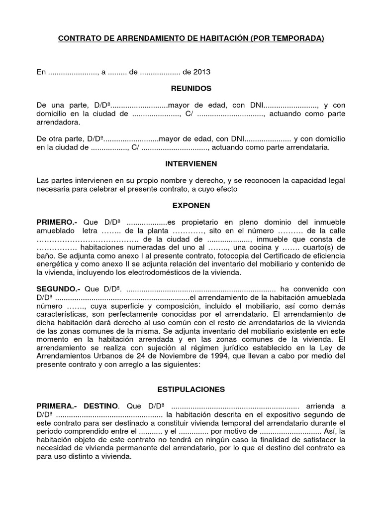 Modelo de Contrato de Arrendamiento de Habitación Por Temporada | PDF |  Alquiler | Pagos