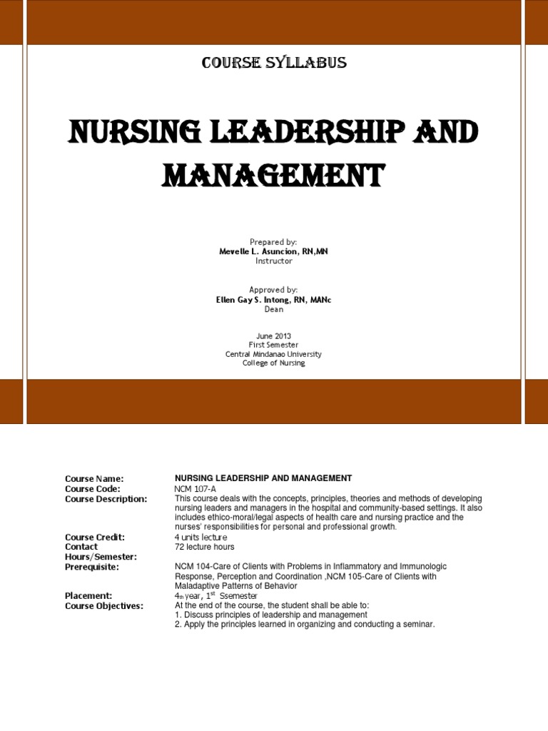 Syllabus Nursing Leadership and Management Nursing Leadership