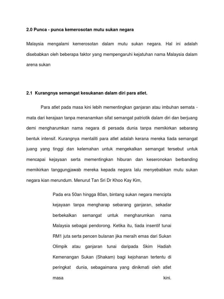 Penulisan Esei Punca Kemerosotan Mutu Sukan Negara Pdf