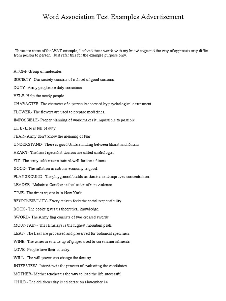 Word Association Test Examples Guide | PDF