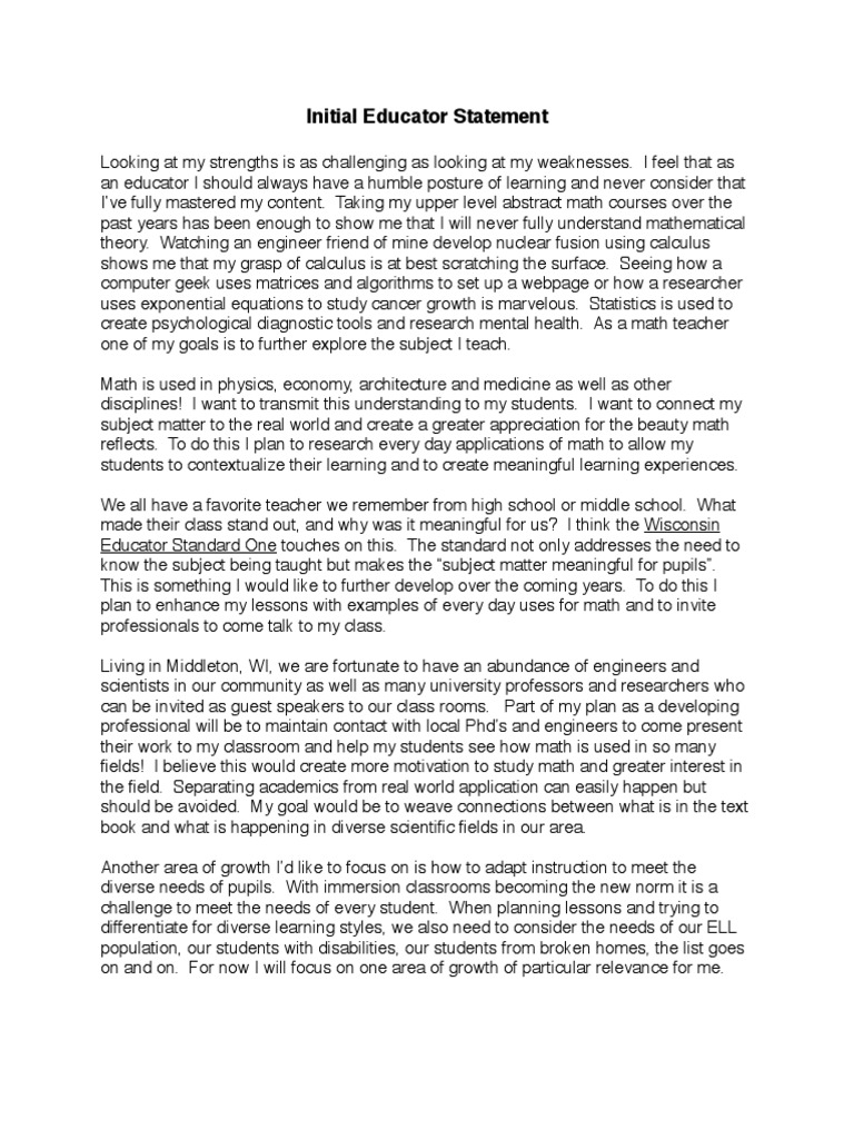 Initial Educator Statement Final Final | PDF | Teaching Mathematics ...