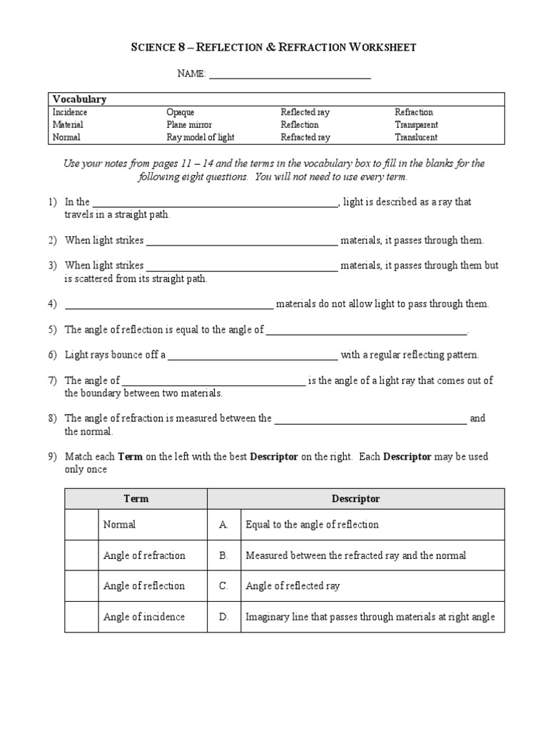 Reflection Refraction Worksheet | Reflection (Physics) | Refraction