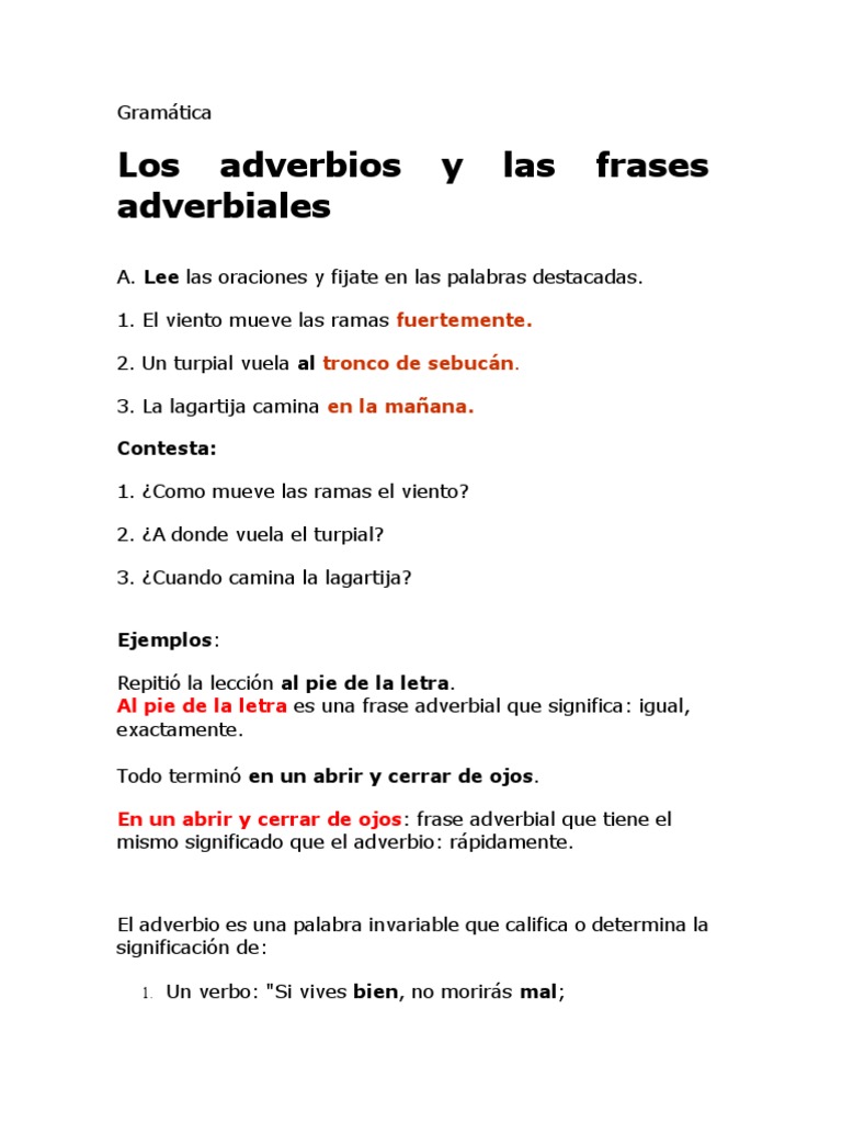 Los Adverbios Y Las Frases Adverbiales Pdf Adverbio Semiotica