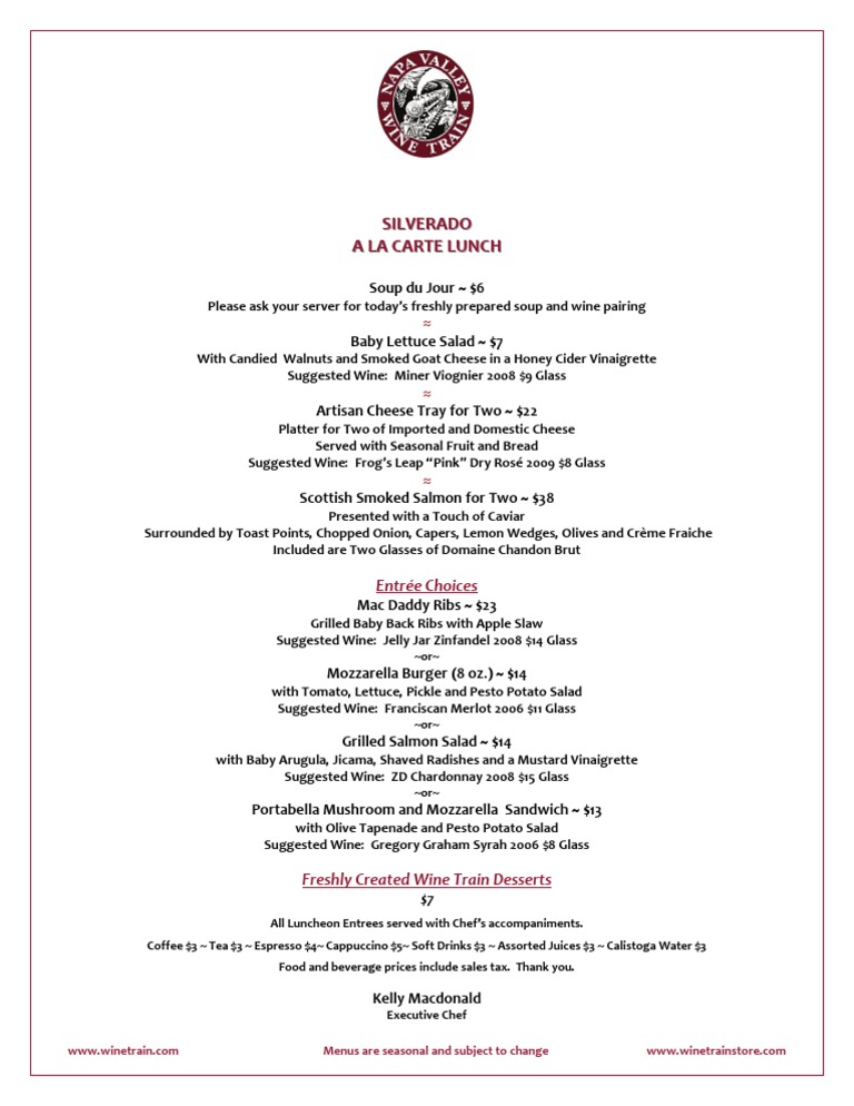 Silverado A La Carte Lunch Menu | PDF | Salad | Lunch
