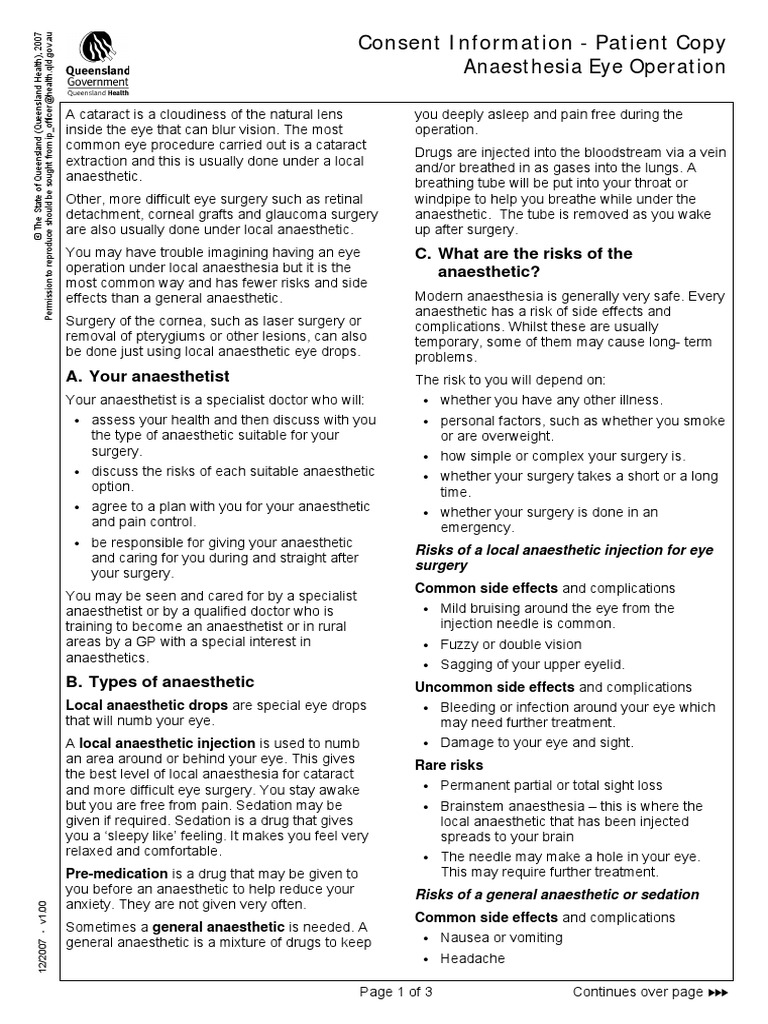 Consent Information - Patient Copy Anaesthesia Eye Operation | PDF