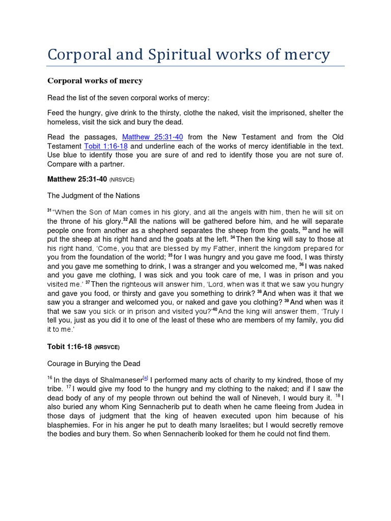 worksheet Corporal And Spiritual Works Of Mercy Worksheet corporal works of mercy last judgment theology