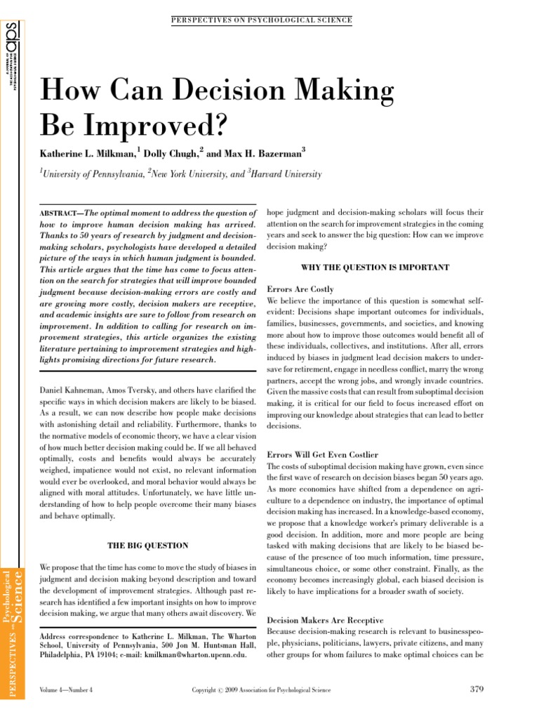 How Decisions Can Be Improved Wharton 2009 PDF PDF Bias