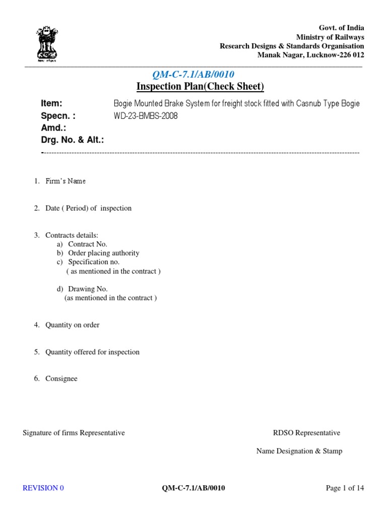 RDSO Inspection Check Sheet for Bogies | PDF