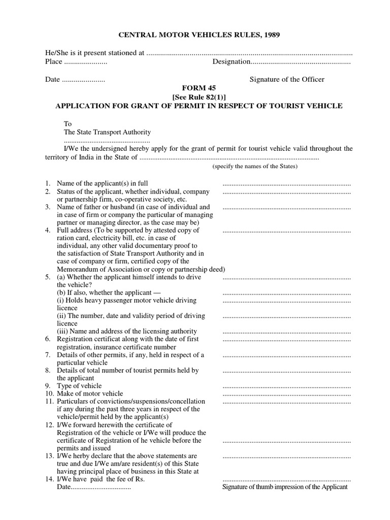 Tourist Vehicle Permit Application Form | PDF | Technology & Engineering