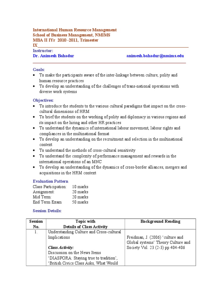 DR +ANimesh+Bahadur+-+Course+outline+Global+HR+PTMBA | PDF | Social ...