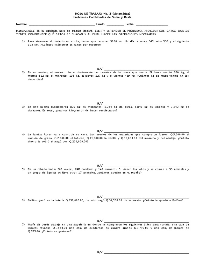 Ejercicios de Resta y Comprobación para Tercero | PDF, image size:768x1024