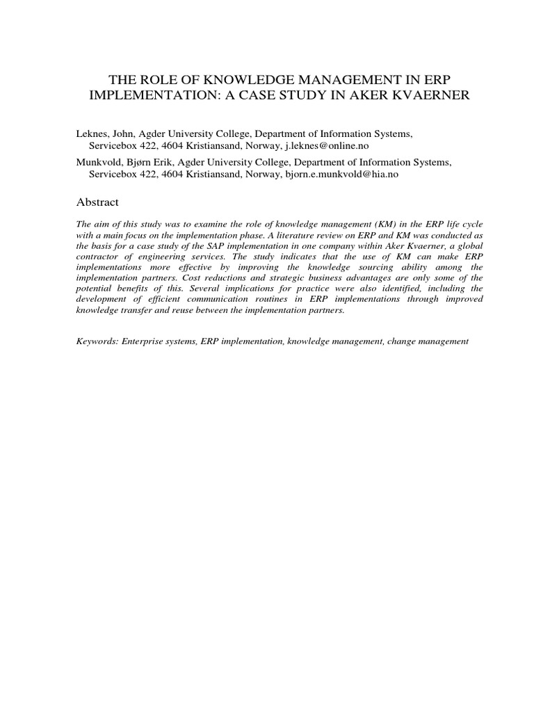 The Role of Knowledge Management in Erp Implementation: A Case Study in ...