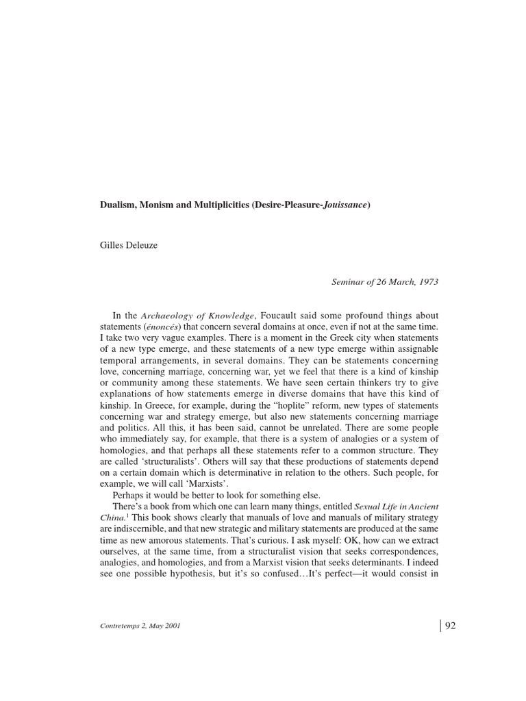 Gilles Deleuze Dualism, Monism and Multiplicities (DesirePleasure
