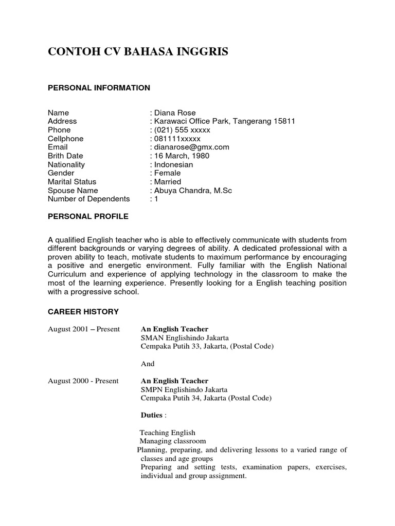 Contoh Cv Bahasa Inggris Teachers Test Assessment