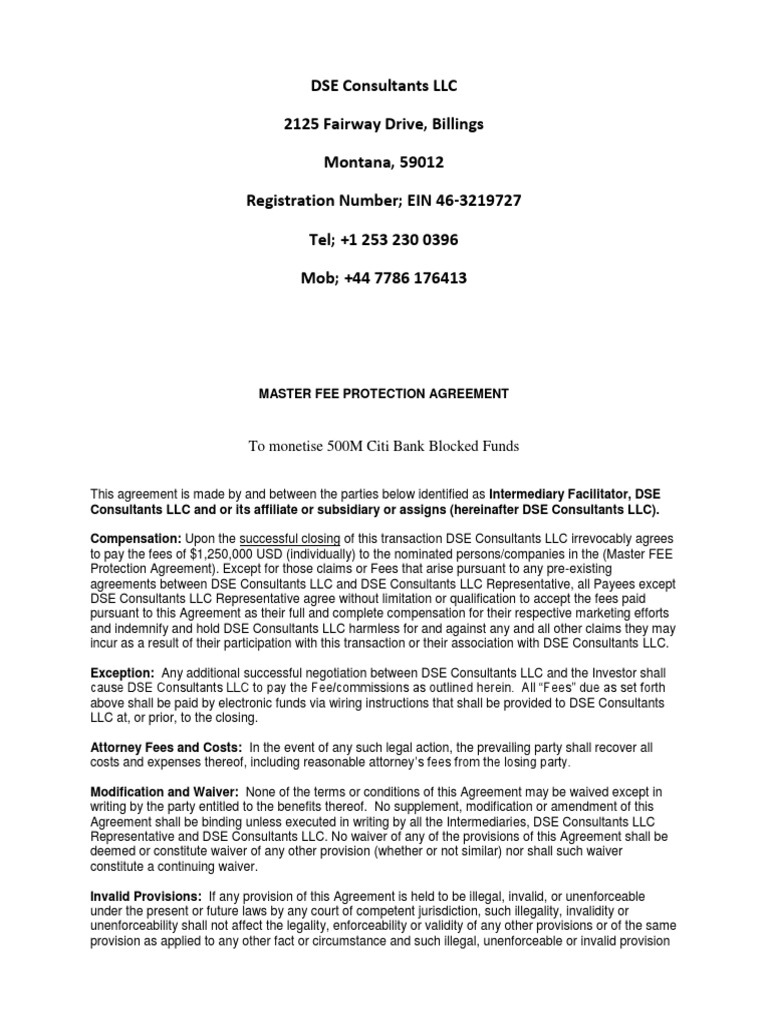 Master Fee Protection Agreement Dse Citi Bank 500m Blocked Funds