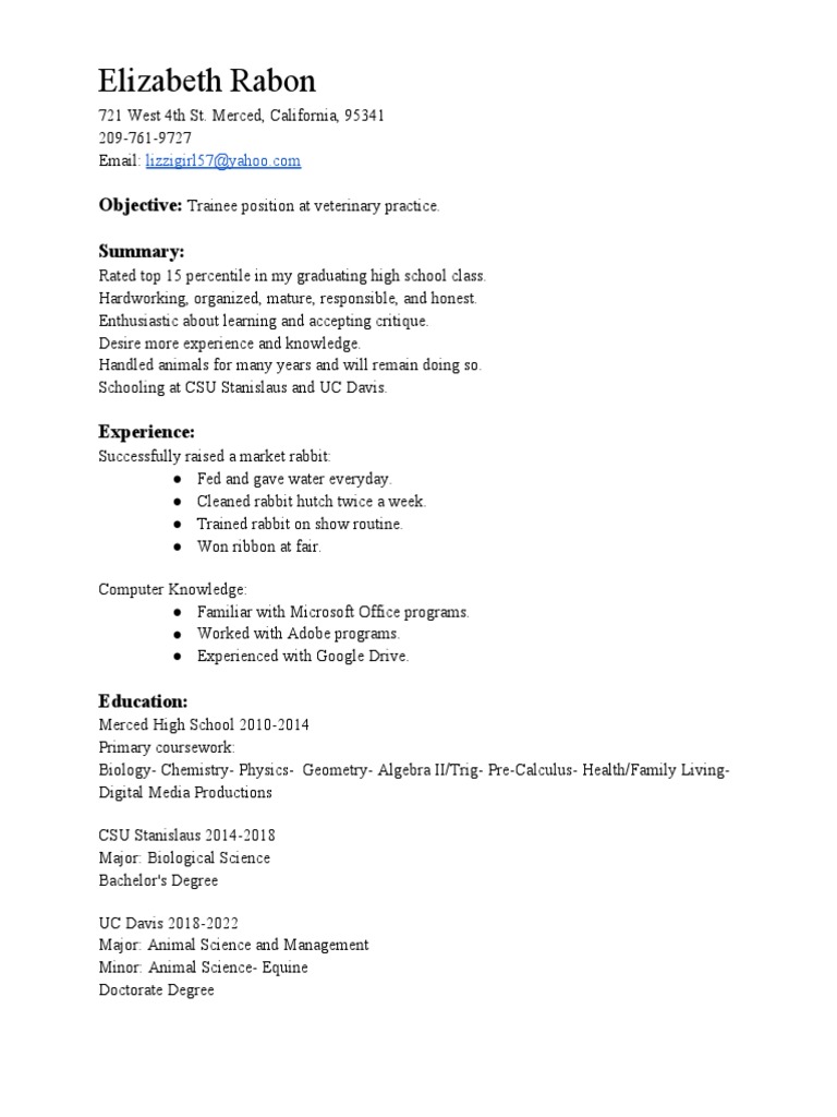 Elizabeth Rabon: Objective: Summary | PDF