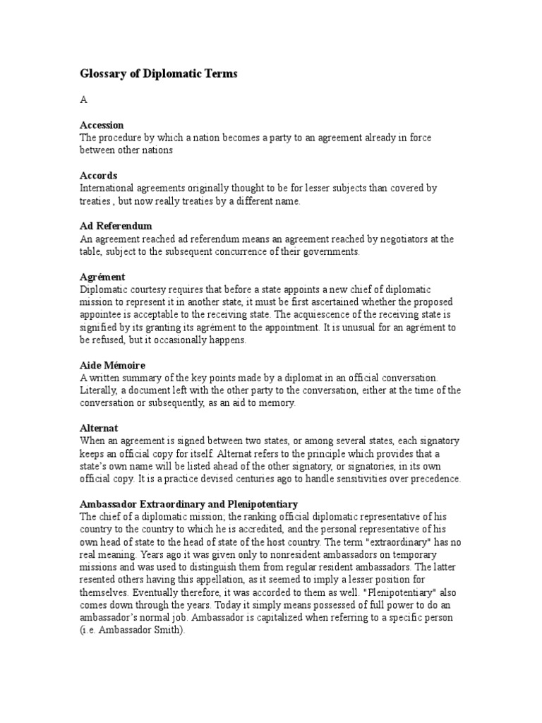 Diplomatic Terms Glossary | PDF | Consul (Representative) | Diplomatic Rank