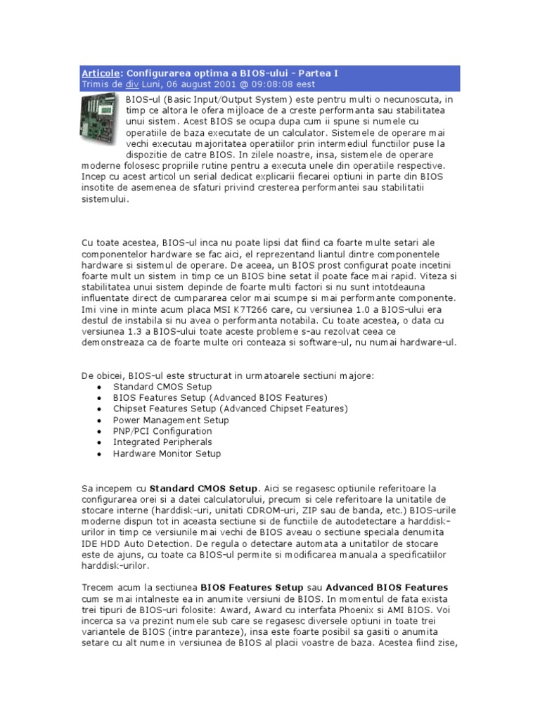 Configurarea Optima BIOS | PDF