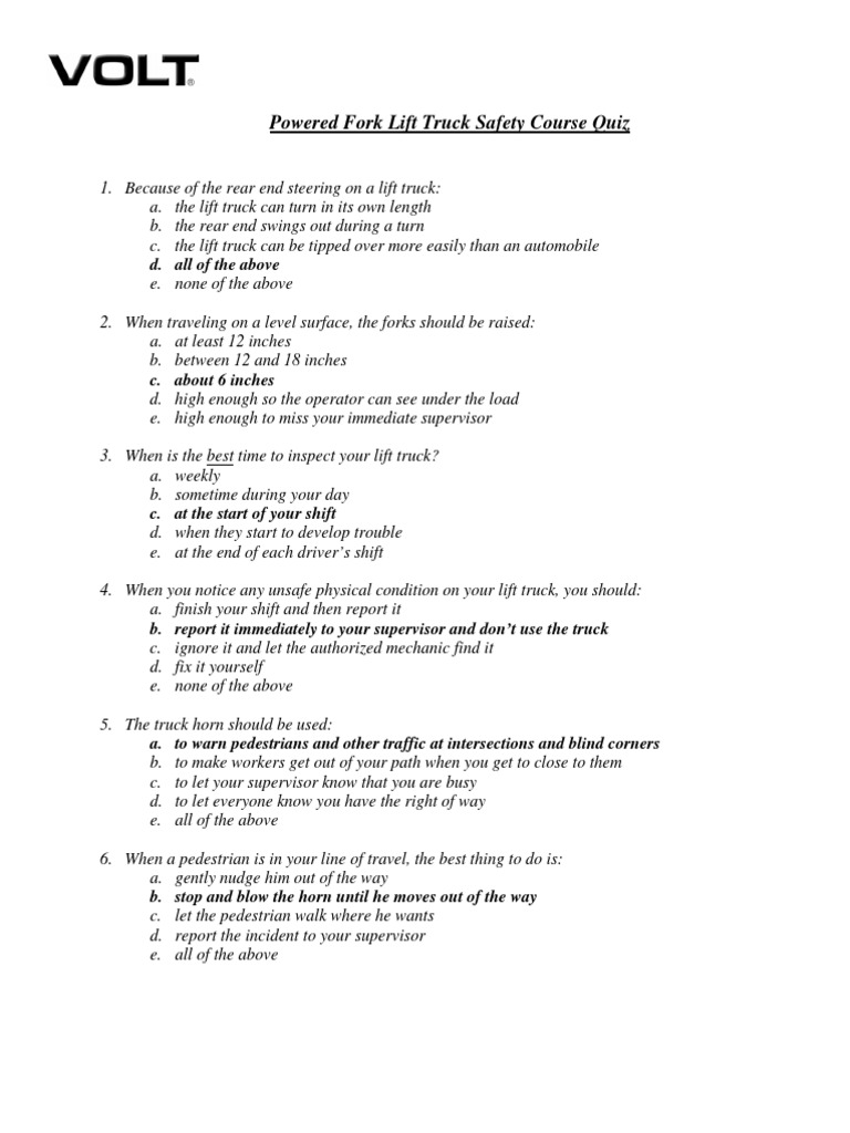 Powered Fork Lift Truck Safety Course Quiz Forklift Elevator