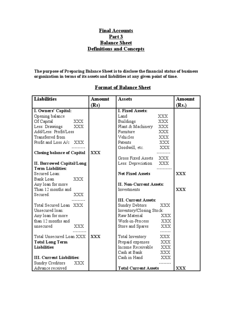 Balance Sheet Format Fixed Asset Balance Sheet